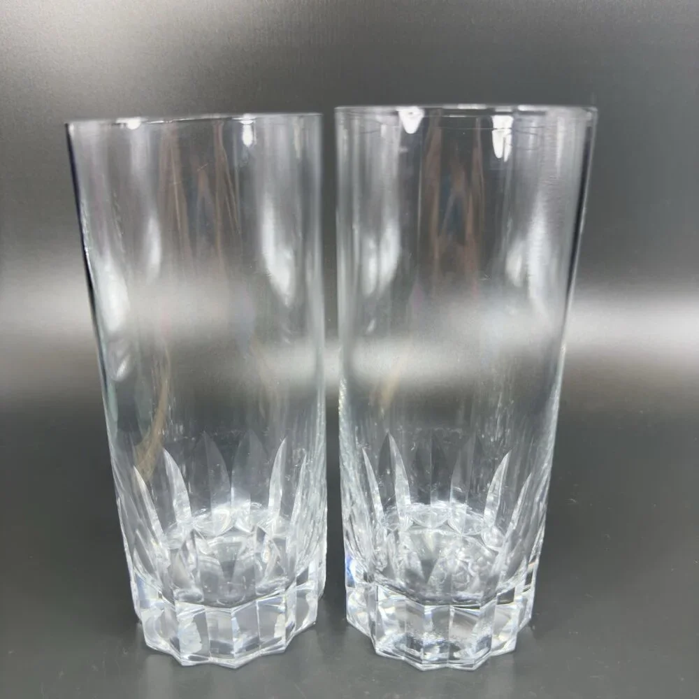 Vintage French Tall Tumblers Cups Barware Set 2 Glasses Cut Bottom Design VTG‎